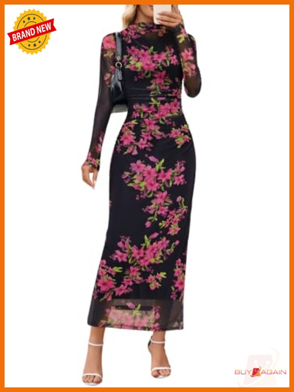 Long Sleeve Tie-Dye Mesh Bodycon Maxi Dress Ruched Mock Neck Wedding Guest